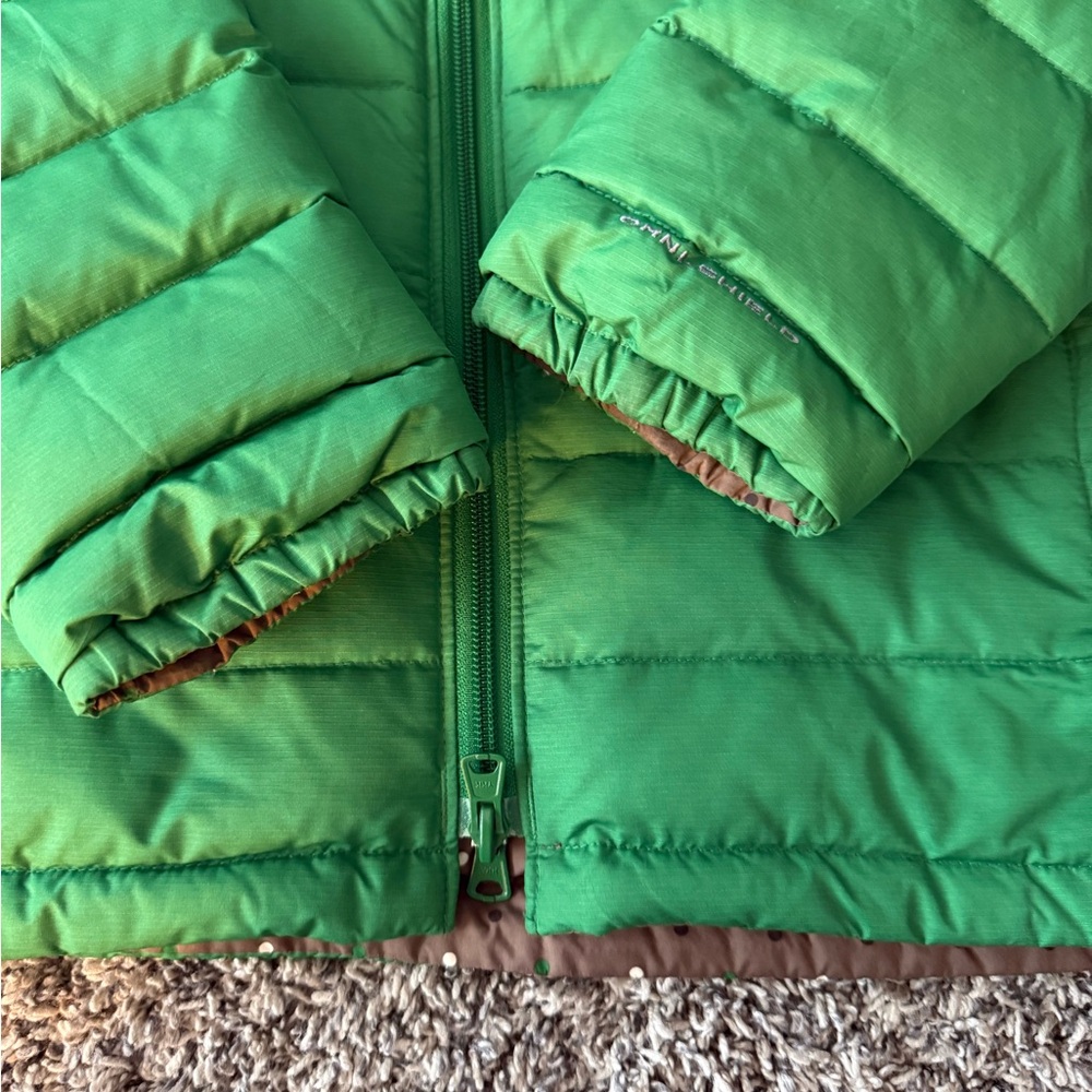 Columbia Quilted Hooded Jacket Bright Green reversible brownish polka dots. - Picture 6 of 7